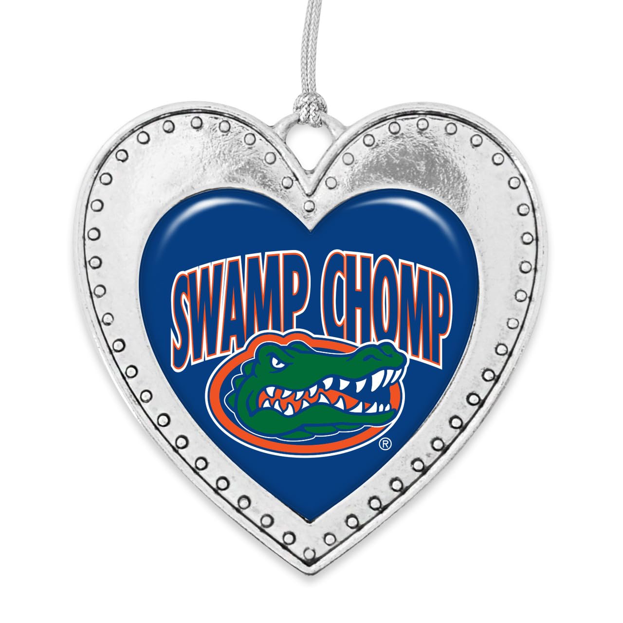 Florida Gators Swamp Chomp Christmas Heart Shape Silver Metal Ornament Gift Tree Decoration UF