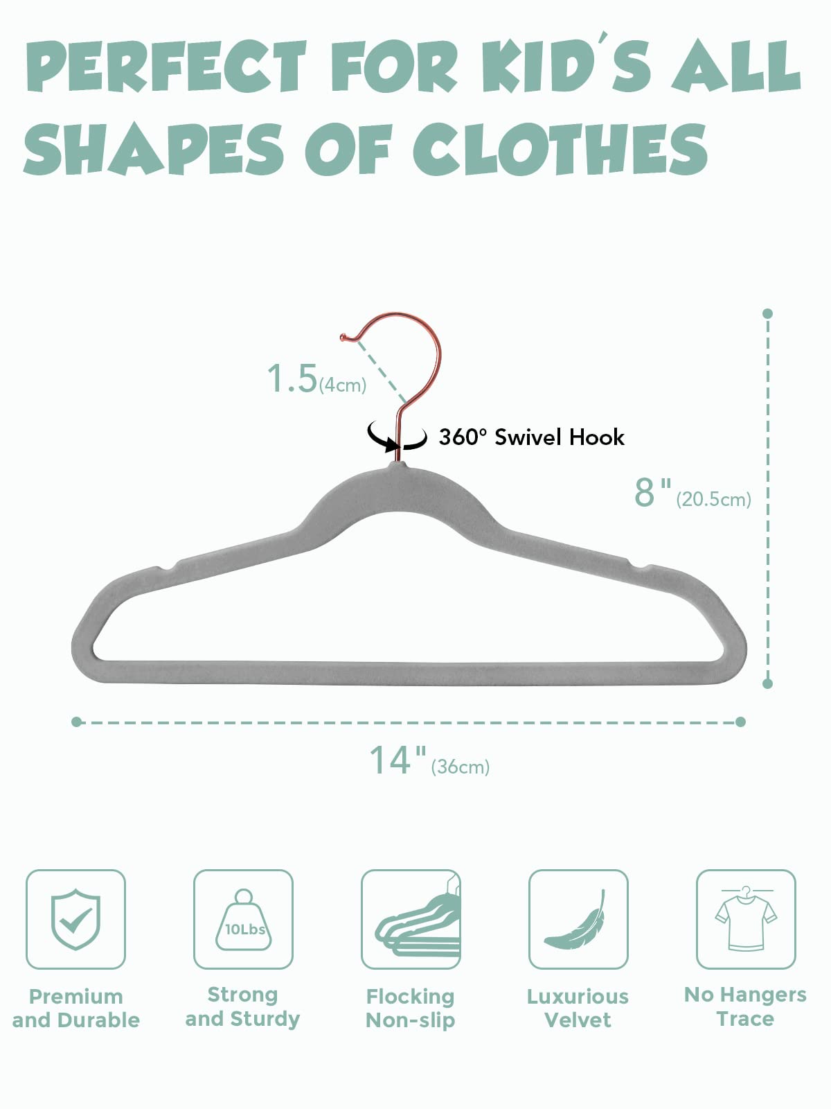 Smartor Kids Velvet Hangers 50 Pack, 14'' Inch Premium Non Slip Kids Felt Hangers for Closet, Space Saving Toddler Clothes Hanger for Youth's Childrens' Clothes Shirts, Pants, Dresses - Grey