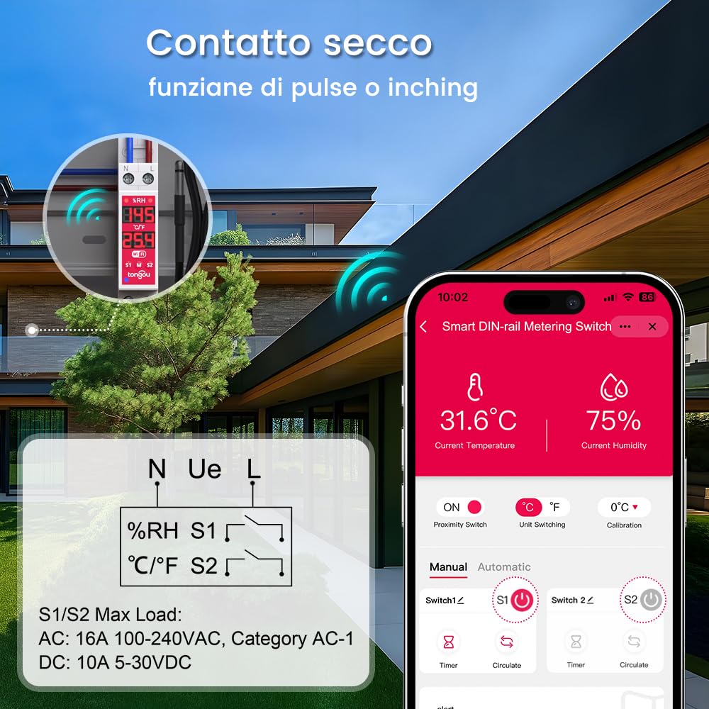 TONGOU to-Q-VTH Regolatore di temperatura con sonda,WiFi Termostato Interruttore Collegato 16A Smart Switch Dry Contact