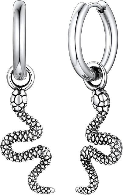 FaithHeart Snake Earrings, Punk Gothic Cobra Snake Hoop Earring Stainless Steel/Gold/Black, Dangling Serpent Earrings for Men Women - With Gift Packaging