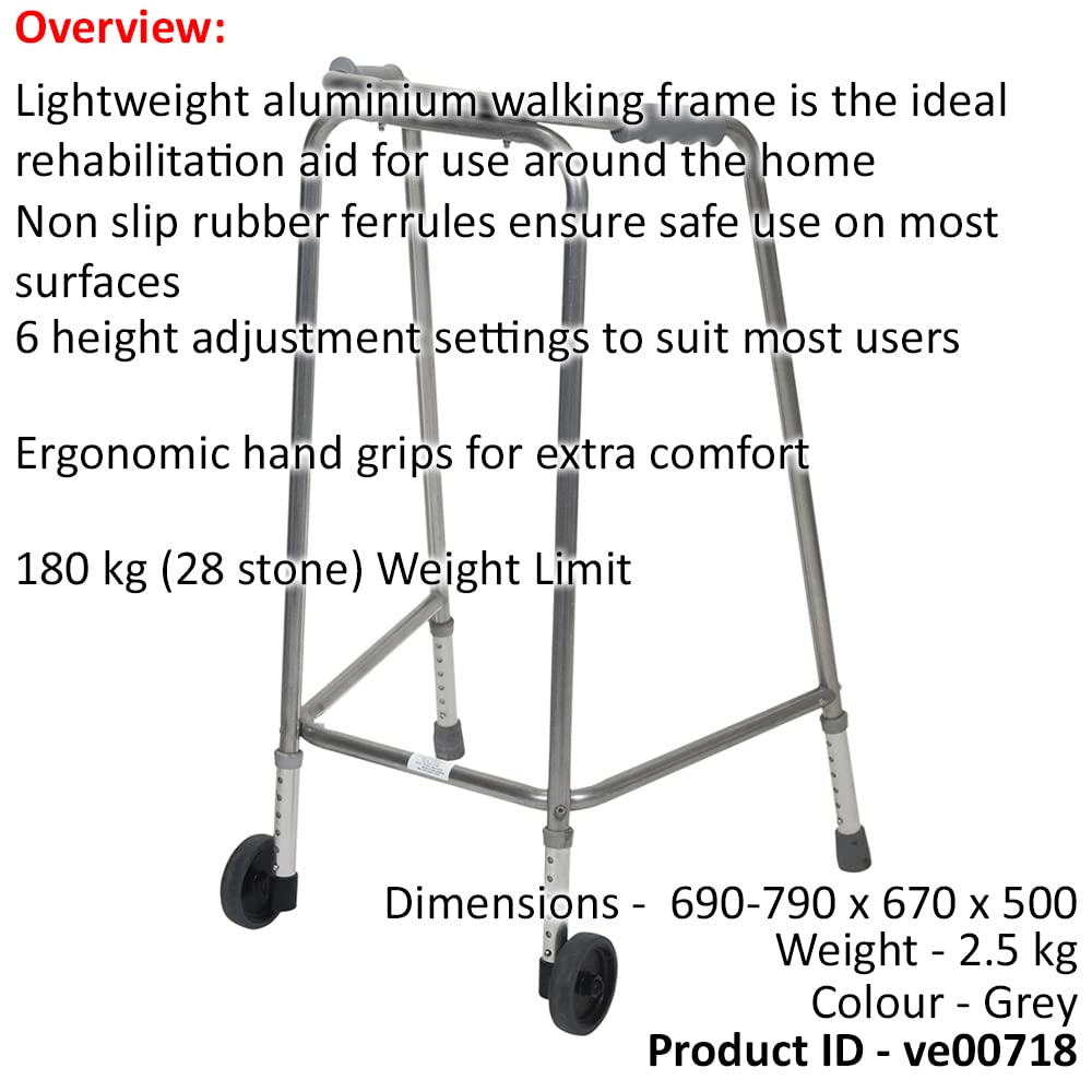 Lekka aluminiowa rama do chodzenia z kółkami, wysokość 690-790 mm, bardzo duża, antypoślizgowe gumowe tulejki, pomoc w rehabilitacji, ergonomiczne uchwyty, 180 kg, limit wagowy