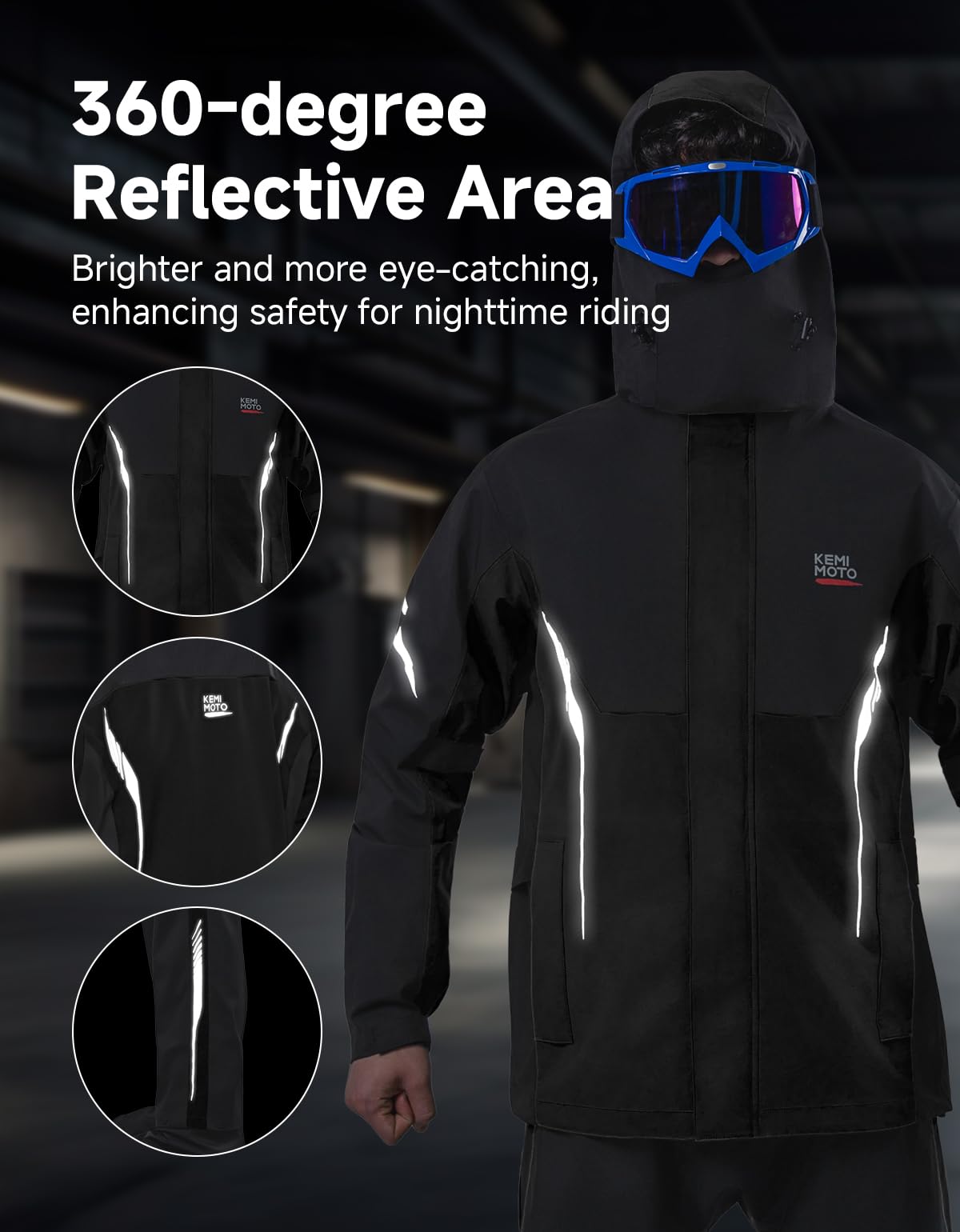 KEMIMOTO Tuta Antipioggia Moto Uomo, Impermeabile 20000mm con Strisce Riflettenti, Abbigliamento Pioggia per Motociclisti Traspirante Antivento con Cappuccio a Scomparsa