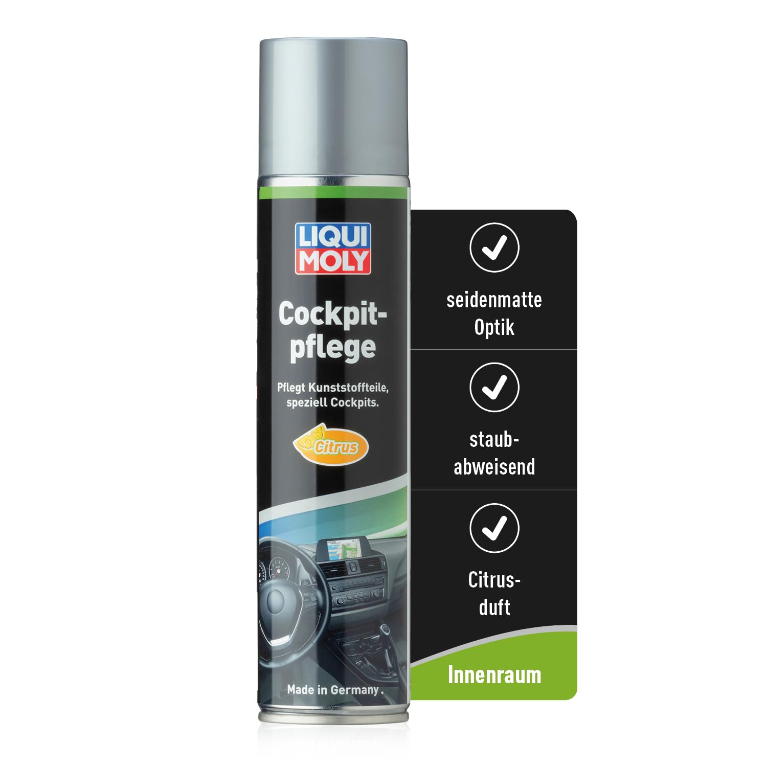 LIQUI MOLY Cockpitspray Cockpitpflege Citrus, Art.-Nr. 1599 I 300 ml Auto Innenraum-Pflege & Reinigung für Kunststoffteile I Regenerierend, auffrischend & antistatisch I Seidenmatte Dashboard Pflege