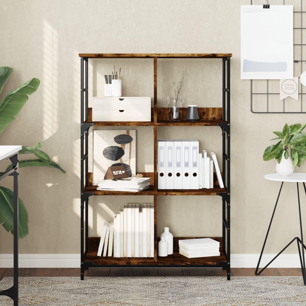 Libreria in rovere affumicato, 78,5 x 33 x 117,5 cm, con 6 scomparti, in legno e acciaio, per soggiorno, ufficio, cameretta dei bambini, divisorio e stoccaggio