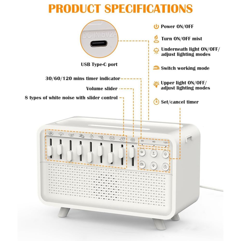 Difusor de aire para máquina de ruido blanco, humidificador con 8 ruidos blancos ajustables, luz nocturna, altavoz Bluetooth