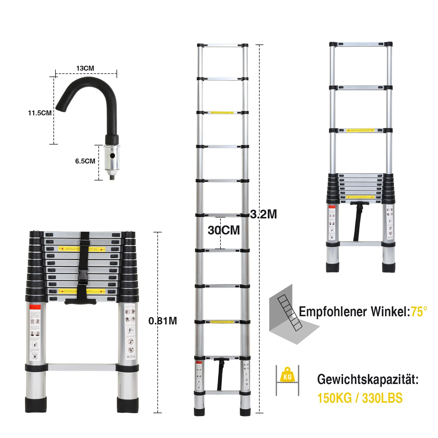 Eulenke Escalera telescópica de 3,2 m, de aluminio, antideslizante, con 2 ganchos extraíbles, 150 kg, color plateado