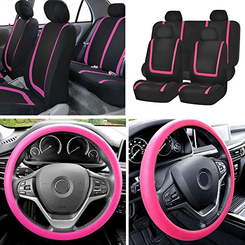 FH Group FB032114 Unique Flat Cloth Full Set Car Seat Covers w. Silicone Steering Wheel Cover, Pink/Black Color- Fit Most Car, Truck, SUV, or Van