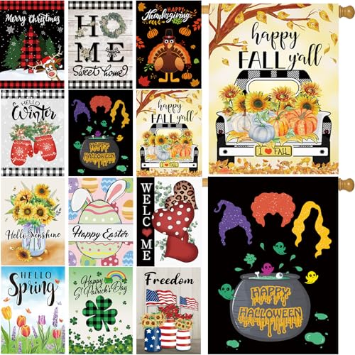 Seasonal Garden Flags Set of 12 Double Sided 28 x 40 Inch Yard Flags, Large House Flags for Outside, Fall Winter Halloween Christmas Outdoor Flags, Holiday Garden Flags for All Seasons