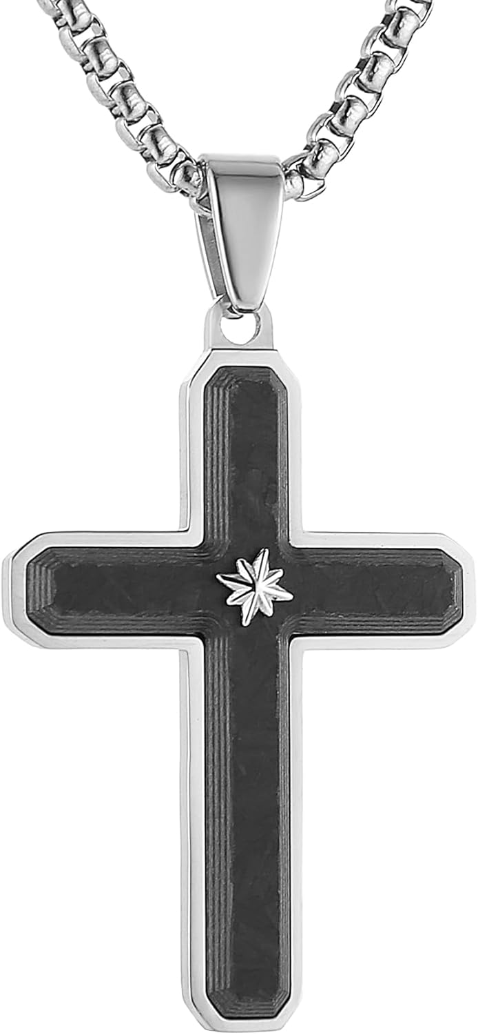 HZMAN Carbon Fiber Cross Necklace for Men Stainless Steel Christian Crucifix Pendant Includes Necklace 22+2" Box Chain