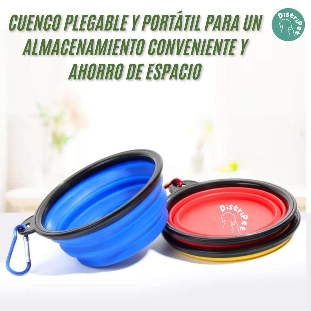 Bebedero Perro Plegable, 2 uds de Cuenco Portátil. Capacidad de 350 ml Cada uno. Incluye Cepillo para Peinar y Masajear y mosquetón para Viaje. Libre de BPA es Seguro para Perros.