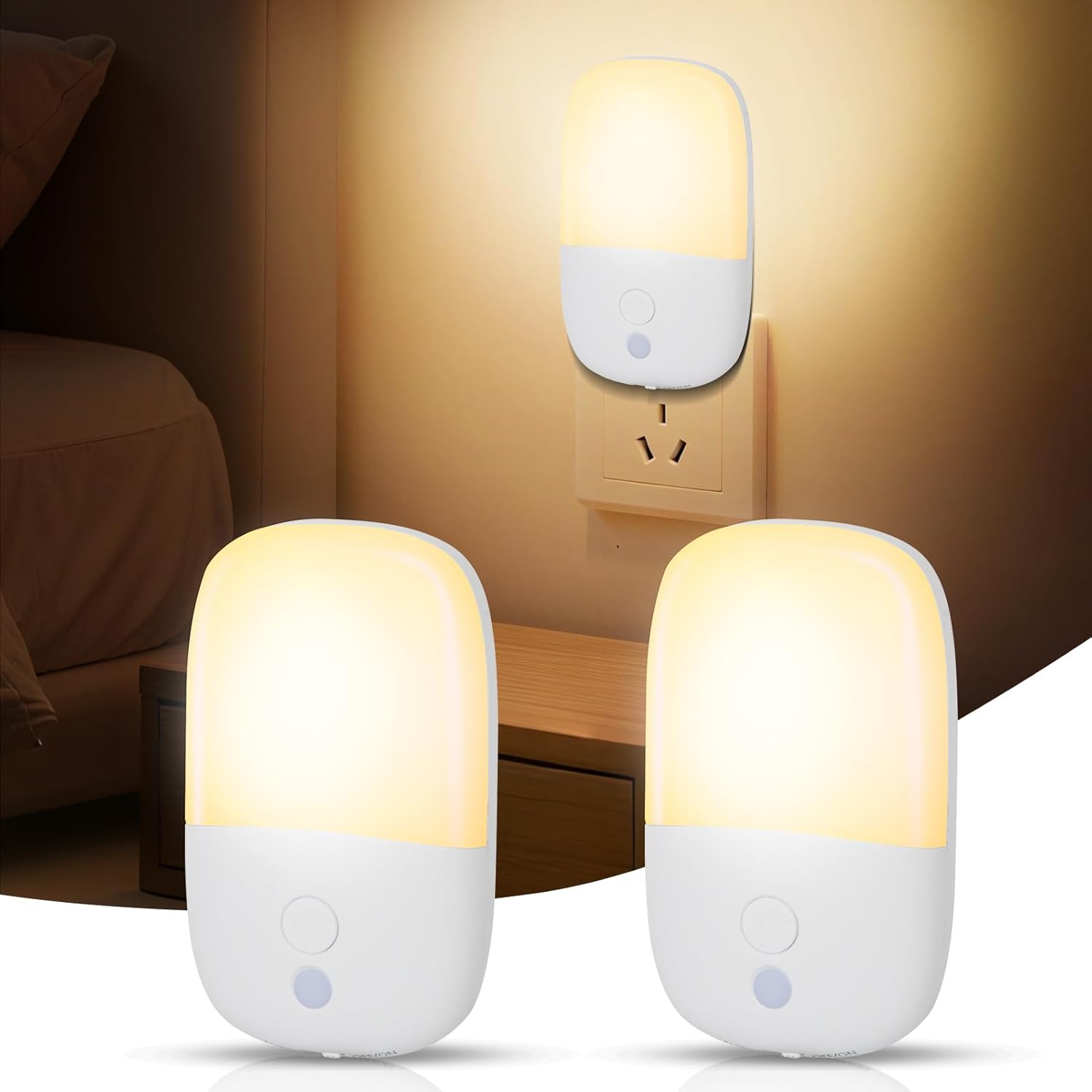 echosari Night Lights Plug into Wall 2 Pack Dimmable Night Light with Dusk to Dawn Light Sensors Warm