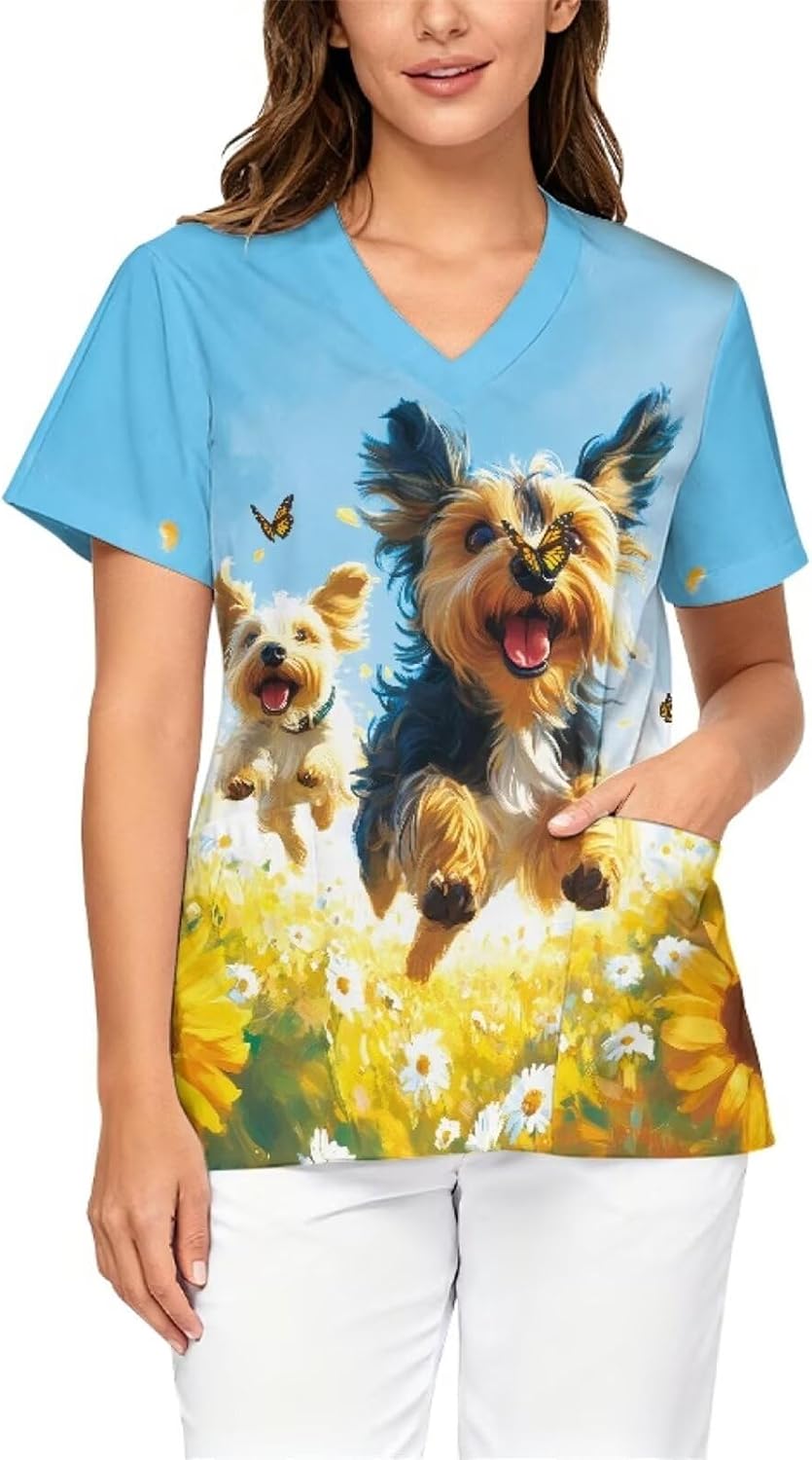 Printed Scrub Tops for Women, V-Neck Medical Shirts, Soft Pediatric Nurse Tops & Work Uniforms