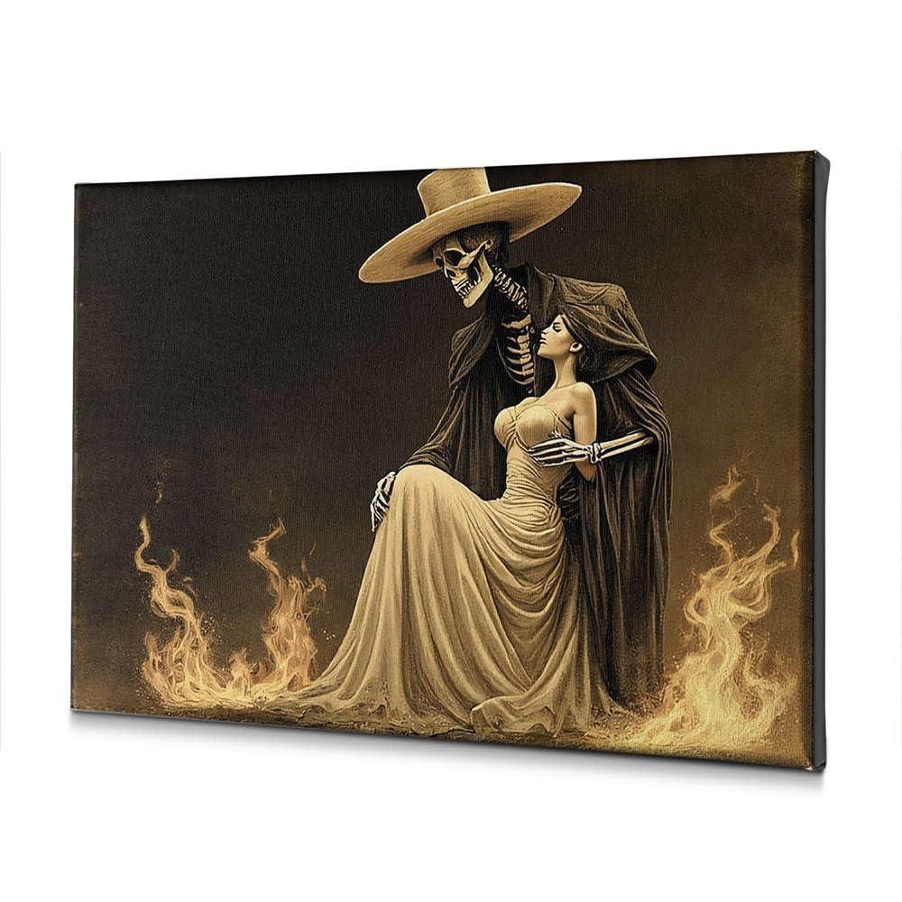 CBRT Decorazione in stile shabby chic con figura scheletrica in cappello da cowboy abbraccia una donna tra le fiamme su tela, kit decorativo da appendere per il bagno (30 x 40 cm)