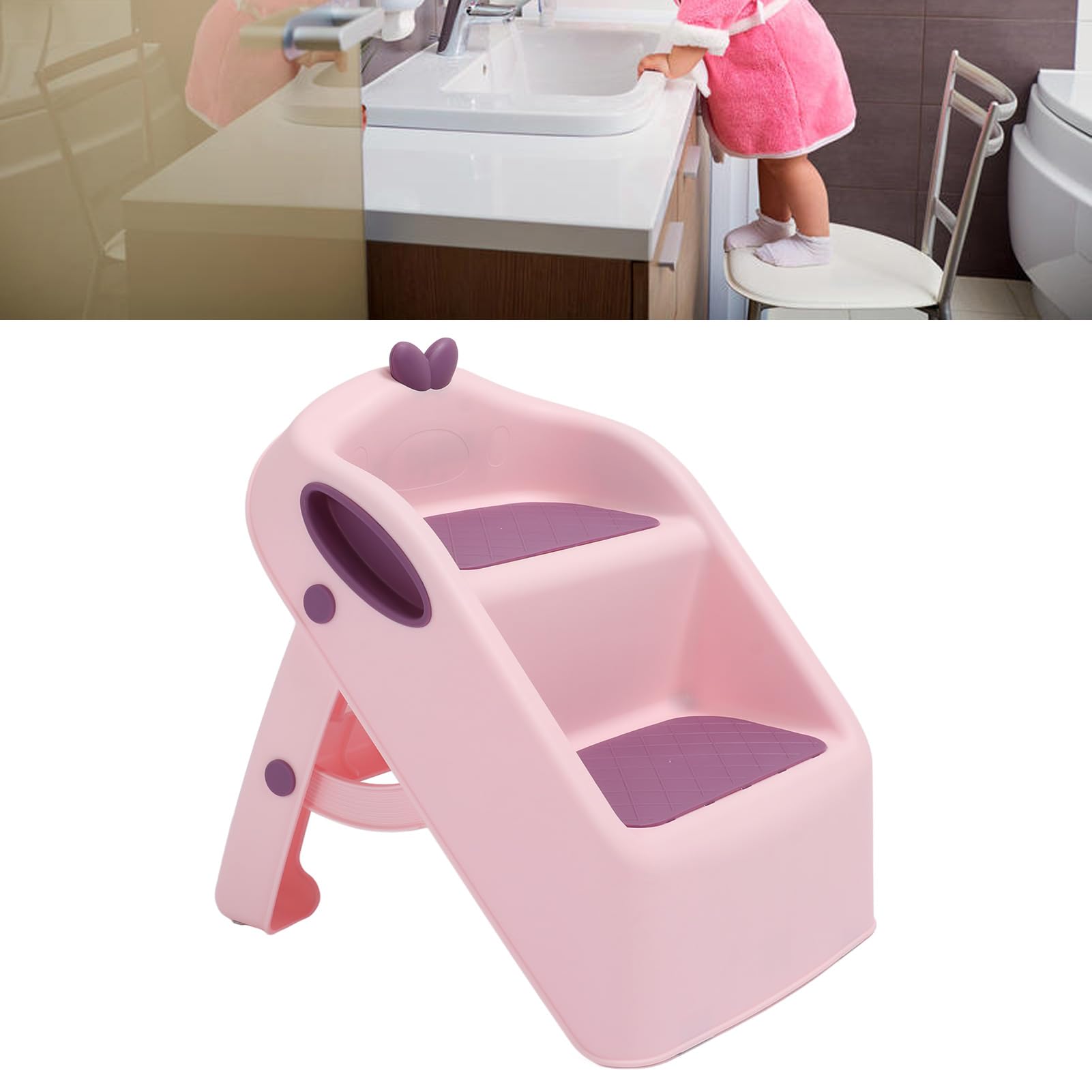 PUSOKEI Taburete de Entrenamiento para IR Al Baño de 2 Escalones Antideslizante |Taburete de Lavabo Plegable 3 en 1 para Baño e Inodoro para Niños Pequeños (Pink)