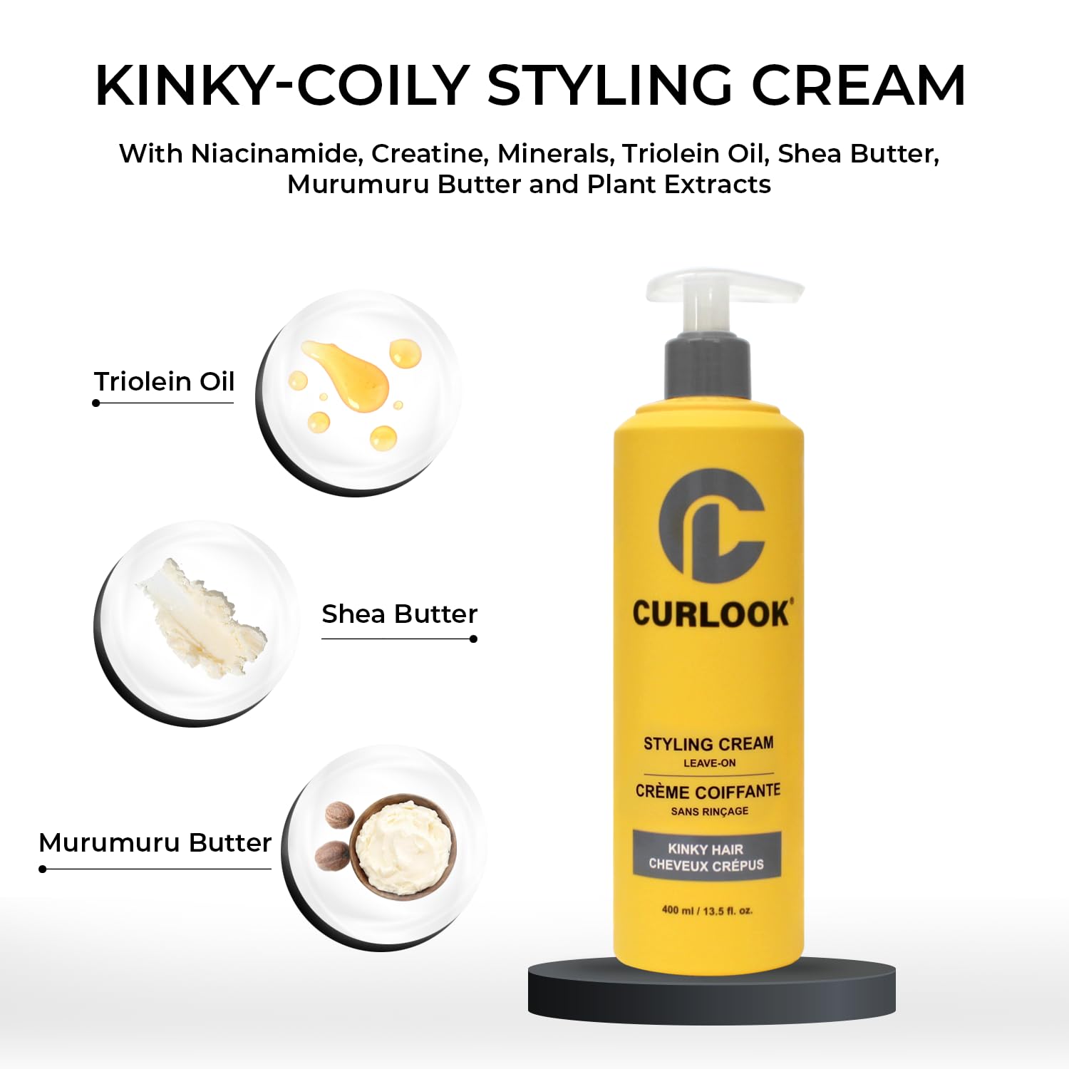 Kinky-Coily Hair Leave-in Styling Cream - Silicone Free With Niacinamide, Creatine, Minerals, Triolein Oil, Shea Butter, Murumuru Butter and Scalp & Plant Extracts - Made in Canada