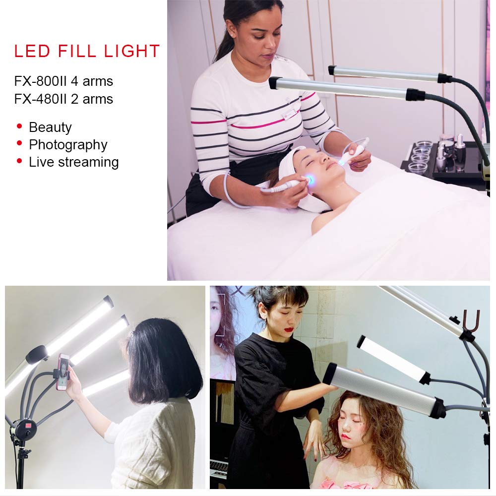 FX-480ii Pieghevole 50W 3200K-5500K LED Video Studio Dual Arms Fill Ring Light con Porta di Ricarica USB, 200cm Treppiedi lunghi per telefono fotocamera Youtube Trucco
