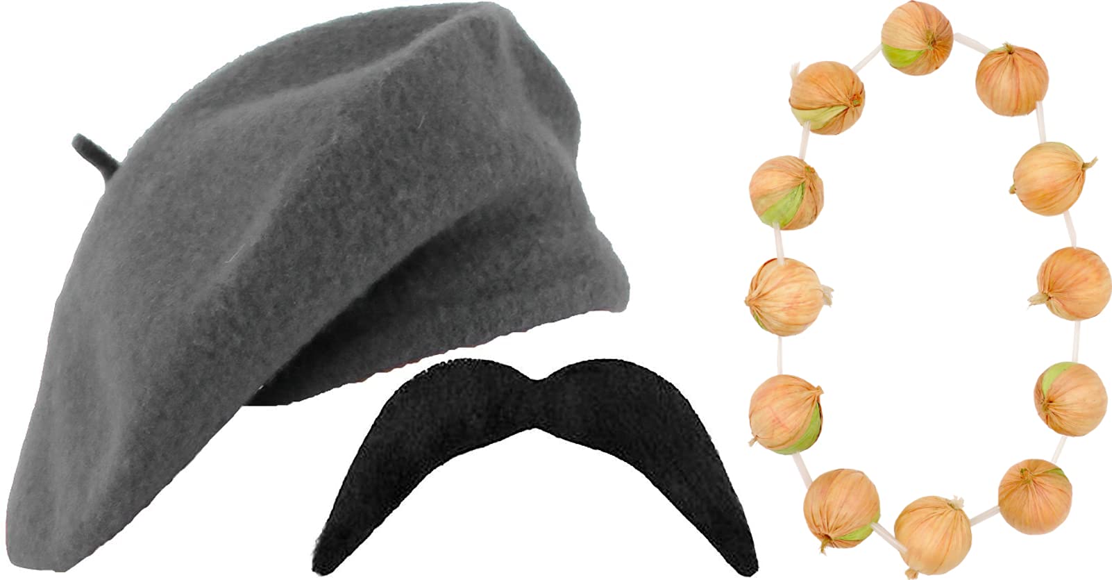 Grey Beret, Onion Garland and Curly Moustache French Set - France Fancy Dress for Bastille Day and French Celebrations