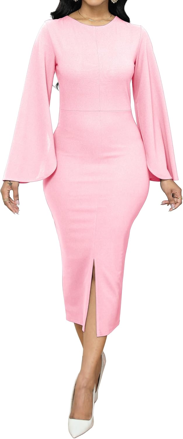 Women Church Dresses Bodycon Work Dress Bell Long Sleeve Round Neck Business Pencil Dresses - Image 4