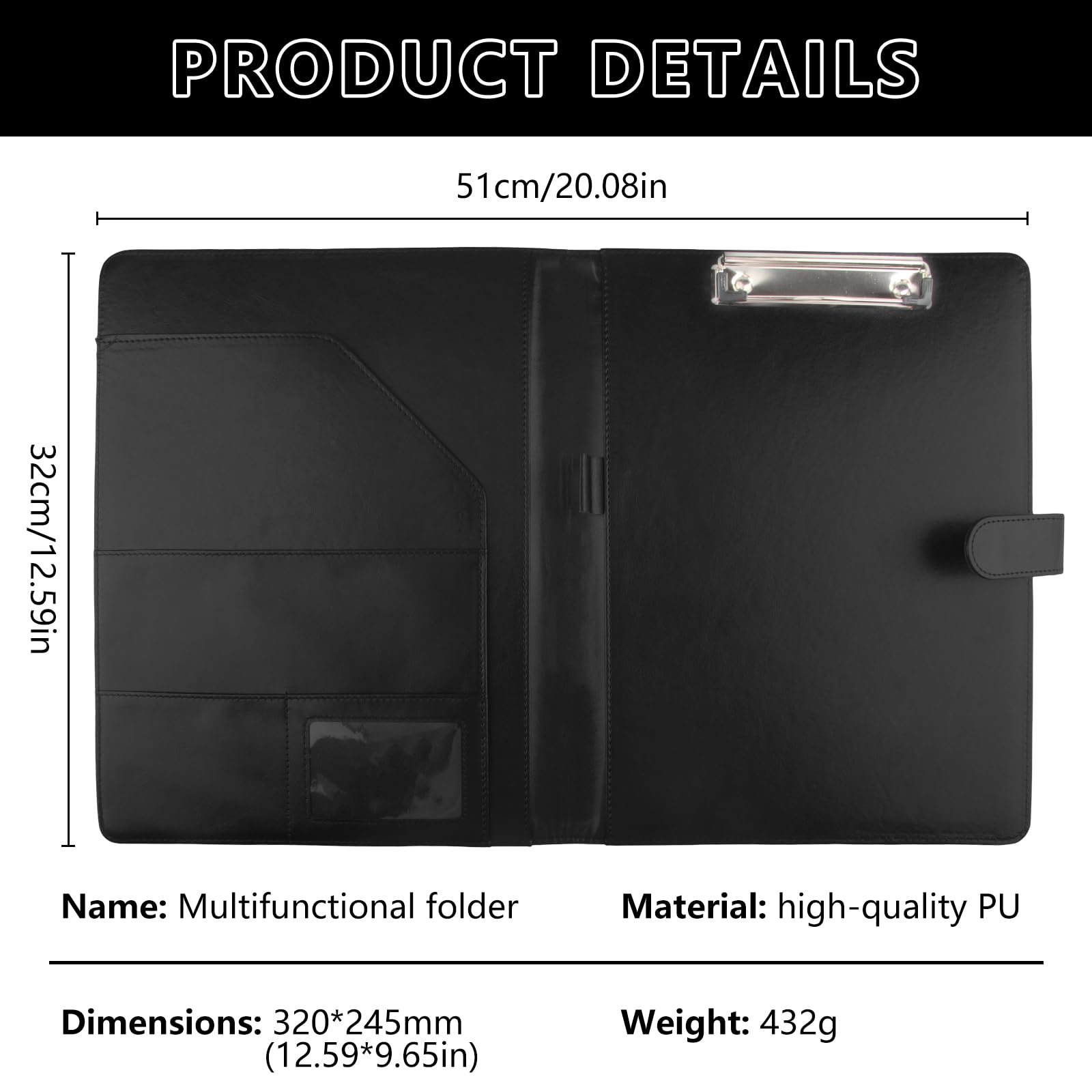 Porte Document A4 Conférencier A4 | Conferencier Cuir PU Porte Documents Homme Femme avec Fermeture Magnétique Avec Pince Support Papier pour L'école Bureau Noir