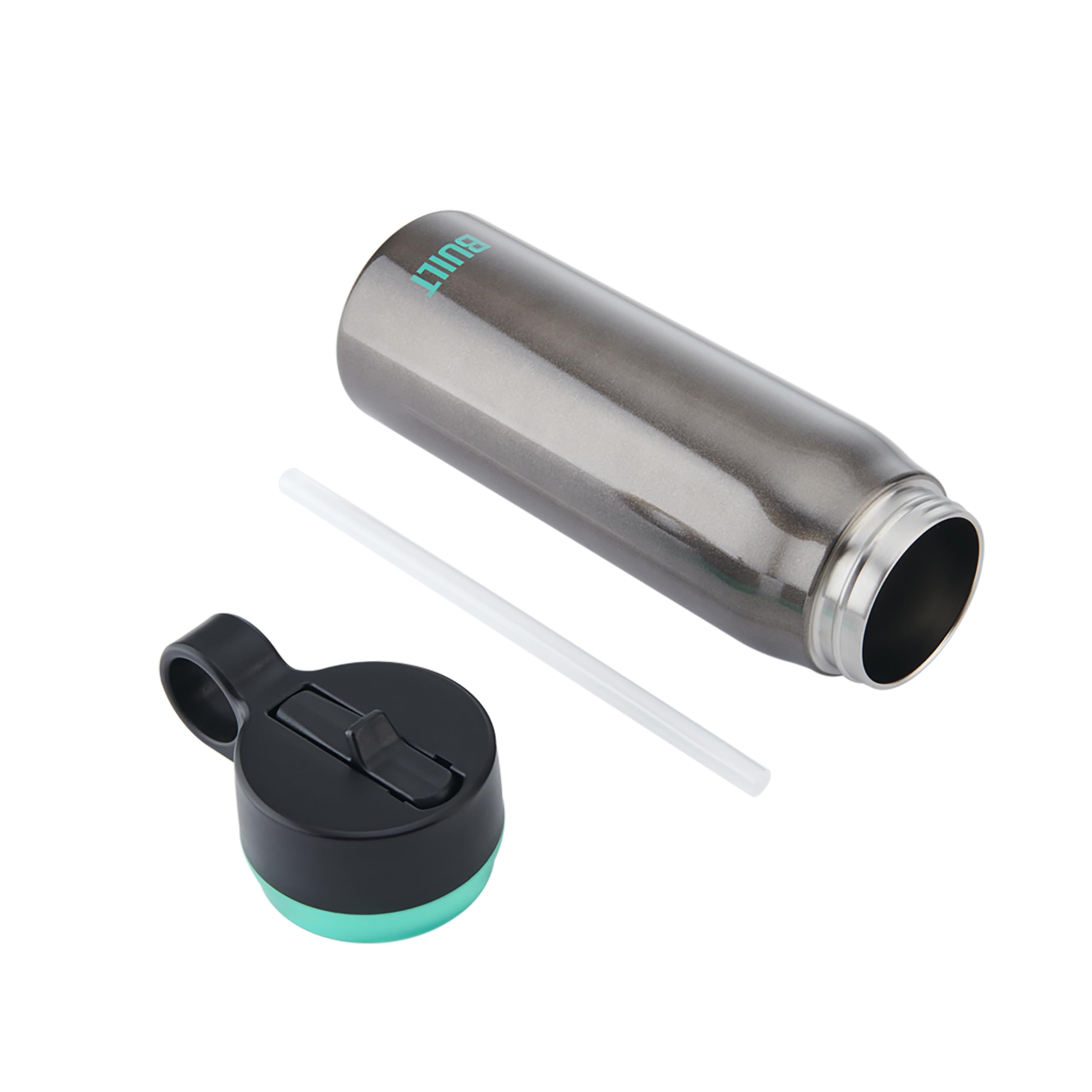 BUILT Botella en cascada de acero inoxidable de doble pared de 20 onzas líquidas, tapa con popote resistente a derrames, vaso de viaje con agarre de goma para mantener las bebidas frías y calientes