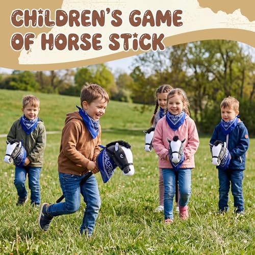 Image of Poen 4 Pack Light Brown Horse Stick with Sound Red Bandana Set 27.6'' Toys Stick Horse Western Cowboy Bandana Head with Neighing Sound for Boys Girls Fun Pretend Games Son Daughter (Black and Blue)