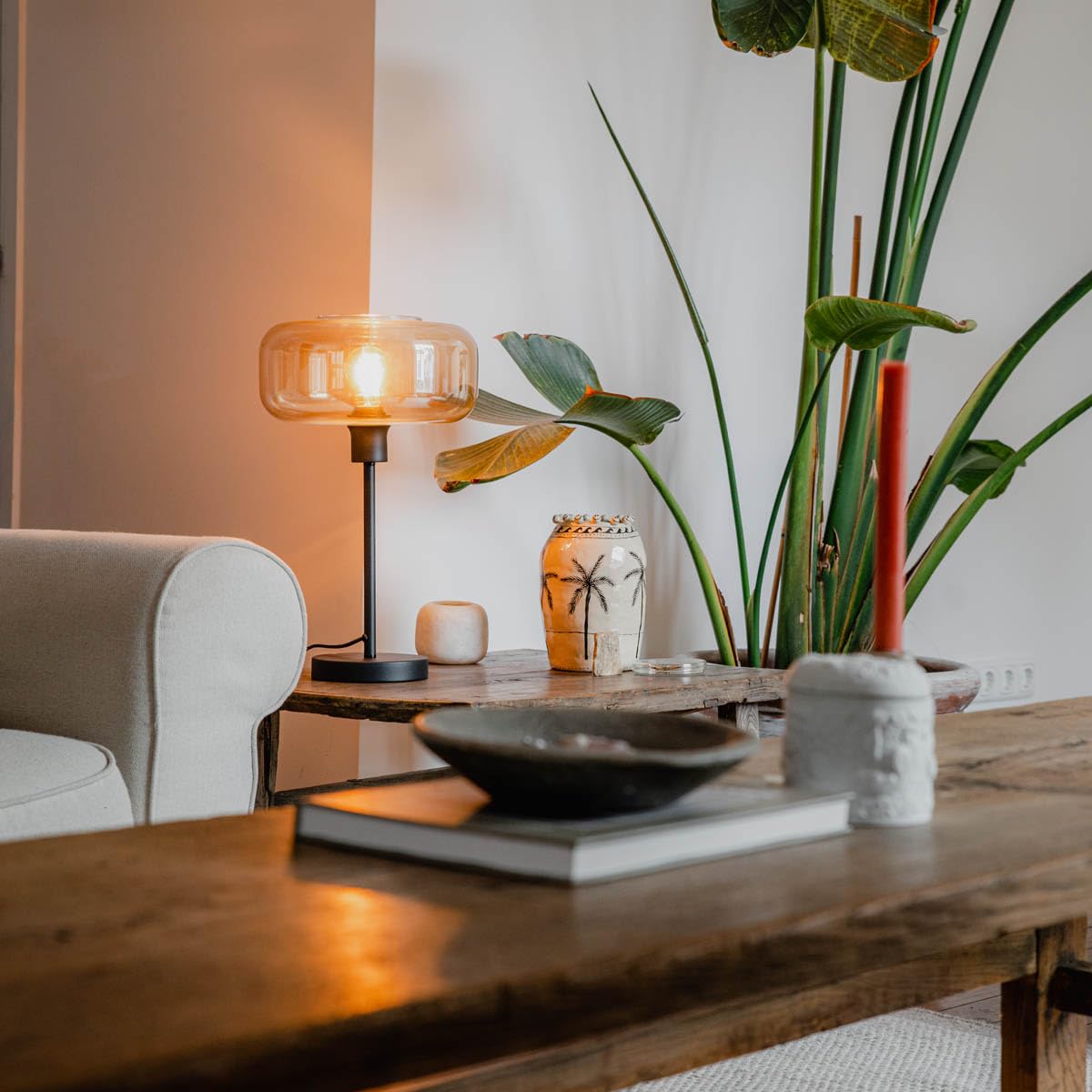 QAZQA Art Déco Lámpara de mesa art déco negra con cristal ámbar - Bizle/Acero Redonda Adecuado para LED Max. 1 x 25 Watt