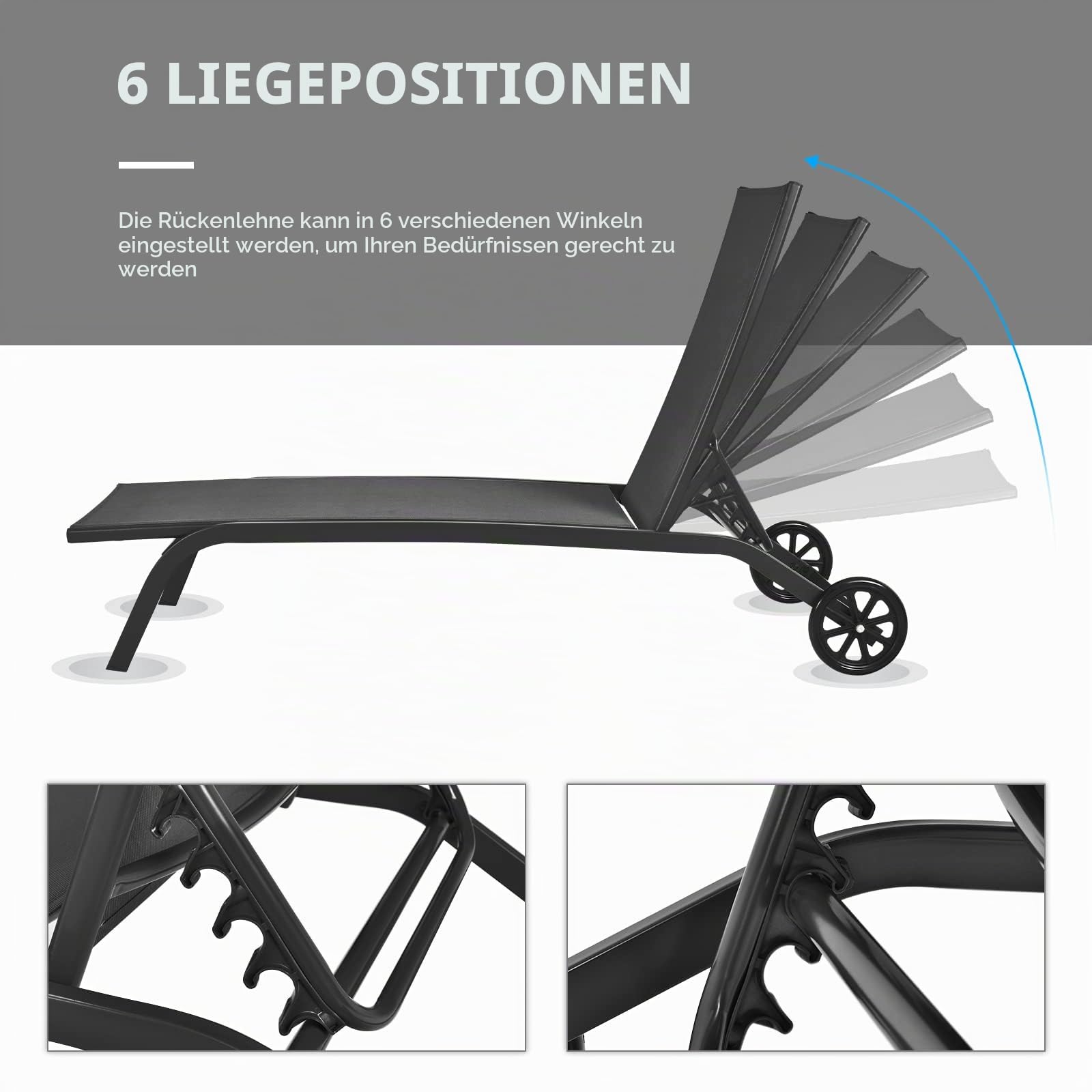 GIANTEX Sonnenliege, Gartenliege mit Rollen, Liegestuhl mit 6-Fach Verstellbarer Rückenlehne, Outdoor Liege für Garten, Balkon & Pool, belastbar bis 150kg, 191 x 61 cm (ohne Sonnendach, Schwarz)