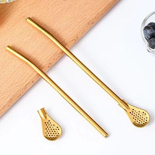 Miniatura 5 de Pajitas reutilizables, 8 pajitas de yerba mate de acero inoxidable dorado con cuchara de filtro movible