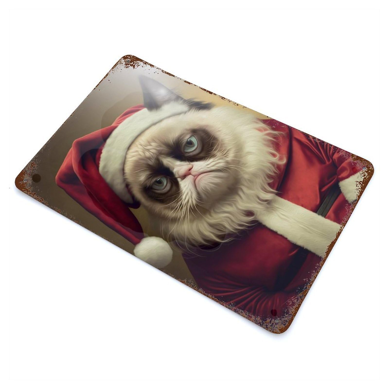 Funny Cat Santa Decorative Tin Sign 11.8"x7.9", Ideal for Basement, Hobby Room And Garage Decor