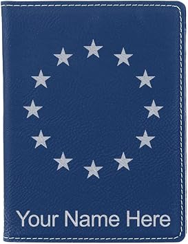 LaserGram Faux Leather Passport Holder, Flag of EU, Personalized Engraving Included Dark Blue