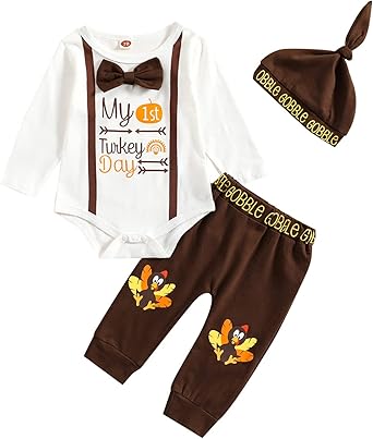 Loalirando Baby,Clothing,Baby Boys 0-24m,Outfits & Clothing Sets Toddler Baby Boys Thanksgiving 3 Pieces Outfit Letter Print Long Sleeve Romper+ Turkey Print Long Pants+ Hat Set