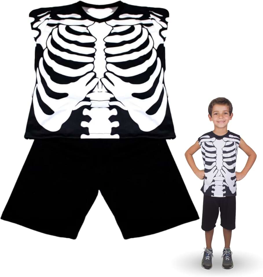 Fantasia Halloween Esqueleto Caveira Infantil Sem Manga P M G Dia das Bruxas