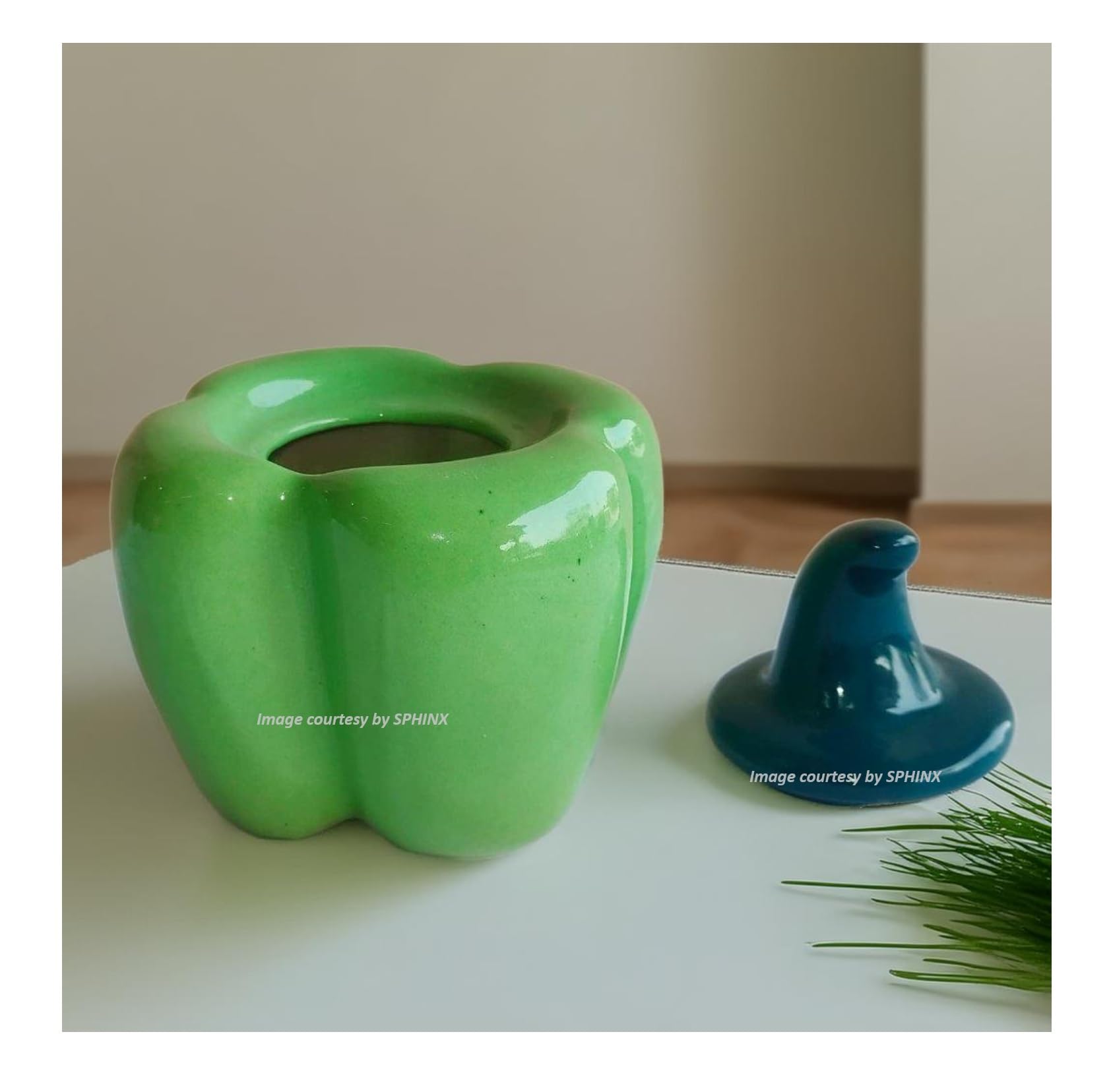 SPHINX Handmade Capsicum Shape Ceramic Jar with Lid - Multiutility Handcrafted Kitchen Storage Container for Condiments, Table, Gifting, and Candies, Green-1 Piece