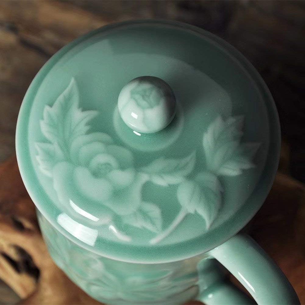 Teacups 13oz Coffee Mugs with Lid Porcelain Cups Embossed with Peony Chinese Celadon(01-Sky Blue) - Image 5
