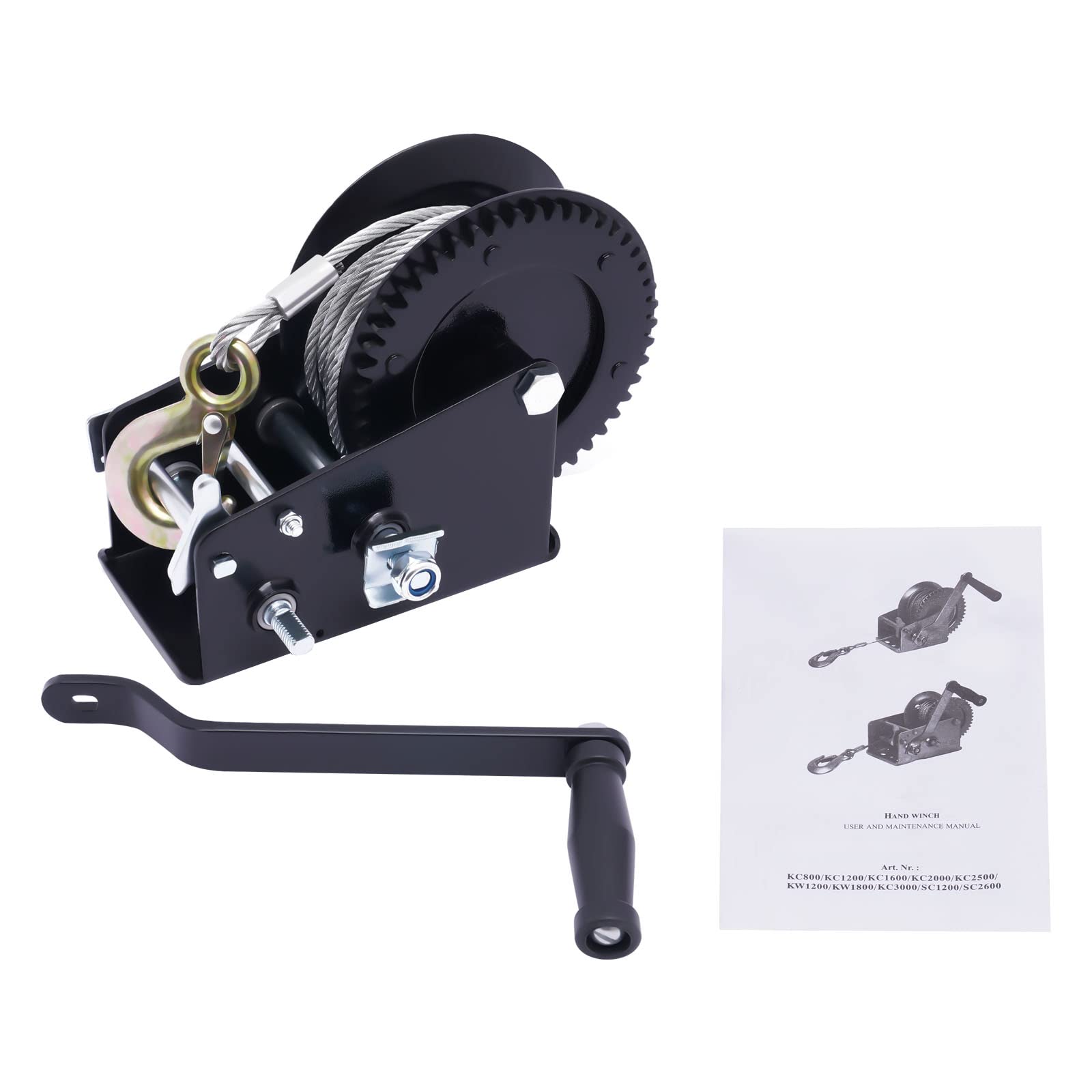 Verricello manuale con cavo da 10 m, forza di trazione 1500 kg, trasmissione a 2 marce, 4:1/8:1, argano manuale per fuoristrada, barche e salvataggio, compatto 19,2 x 10 x 18,2 cm