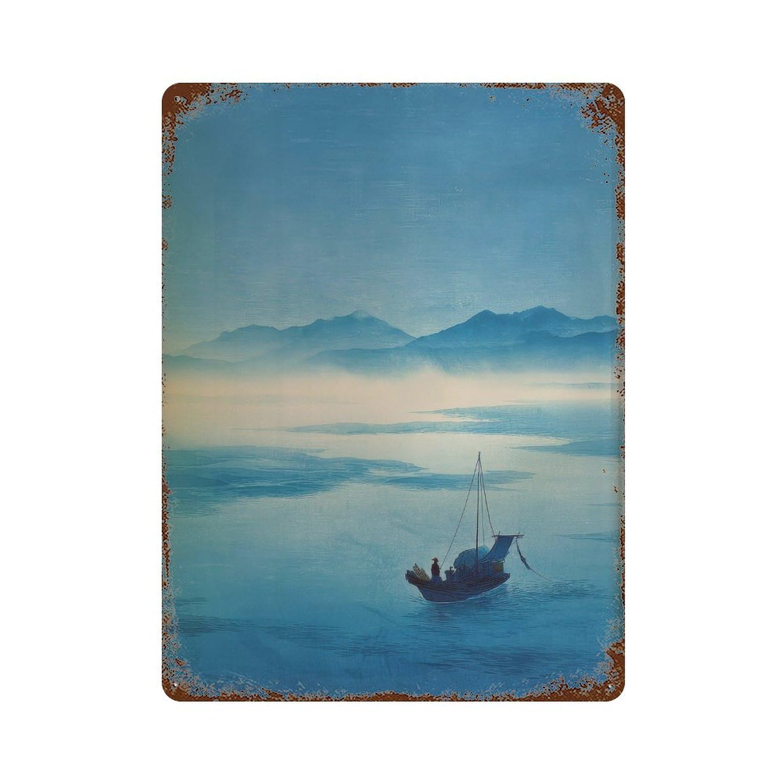 xiaoxiaoshen Boat On Misty Lake. Serene Landscape Minimalist Wall Decor Art Metal Tin Poster Modern Home Decor Art Home Bar Shop Decorations Vintage Sign 40x30cm