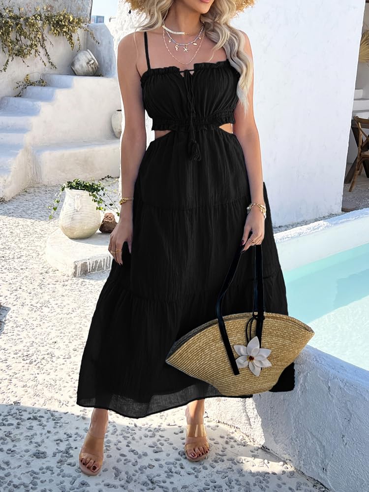 Image of Sumleno Women's 2026 Summer Bohemian Maxi Dresses Spaghetti Strap Cutout Tie Back Tiered Flowy Dress Vacation Beach Outfits