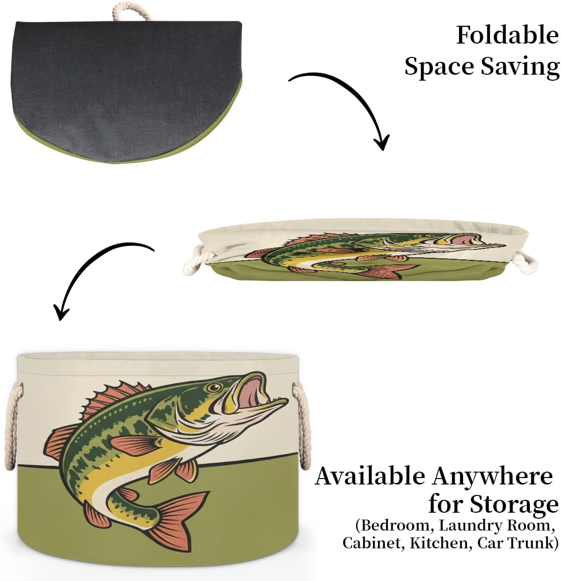 Large Storage Baskets - Vintage Largemouth Bass Nursery Round Collapsible Organizer Bin Box, Laundry Hamper for Kids Toys, Blanket, Bedroom Living Room Home Decor, Gift Basket, 19.4"x13.3"