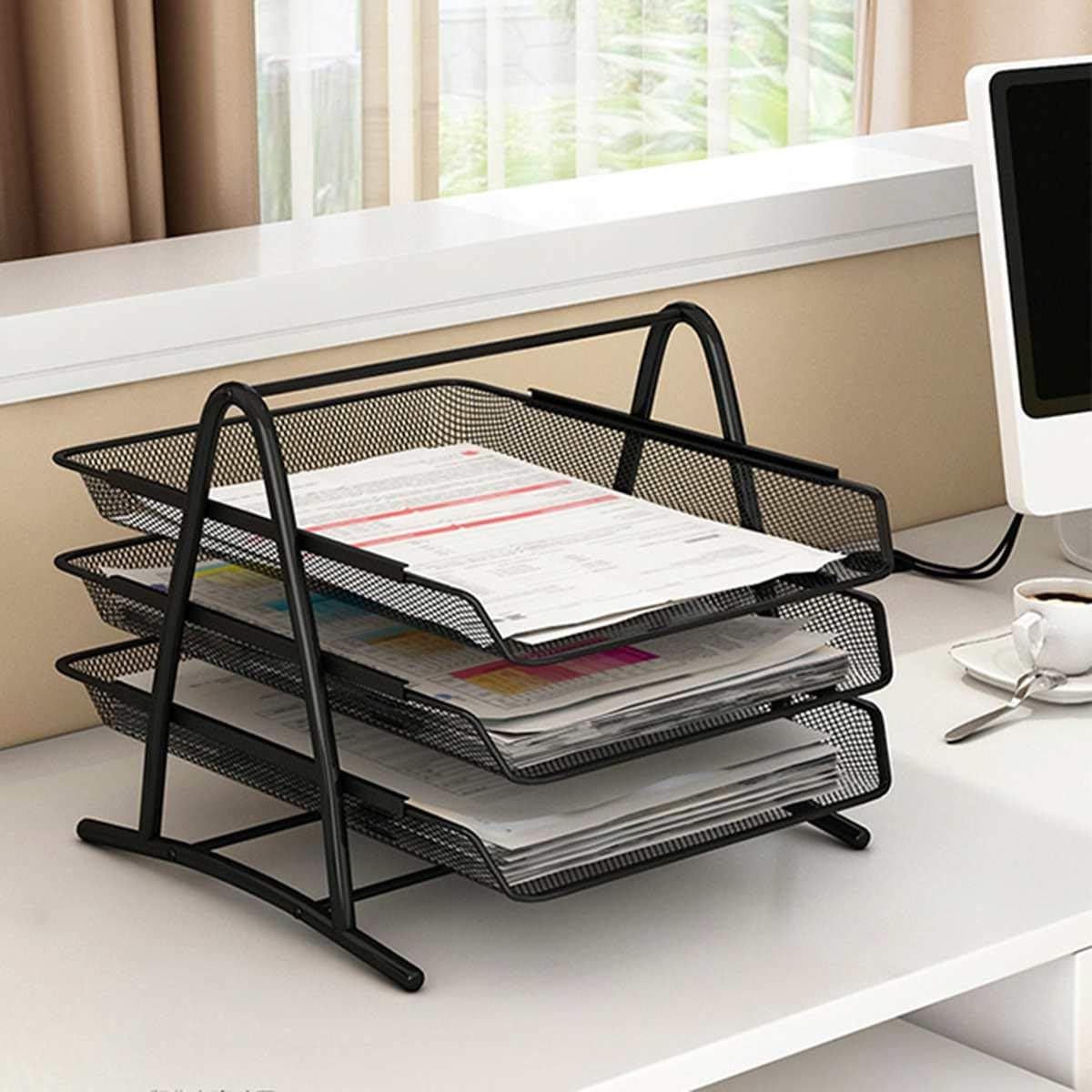 SKYBUCKET Metal Mesh 3 Tier Desk Organiser A4 Paper File Rack Letter Tray Document Holder For Office, Black