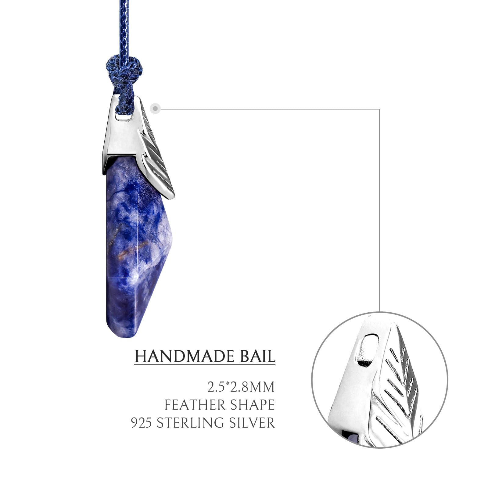 AWNL Sodalite Pendant Necklace for Men Natural Gemstone Sterling Silver Pendant Necklace with Stainless Steel Chain Waxed Cord Gift for Men