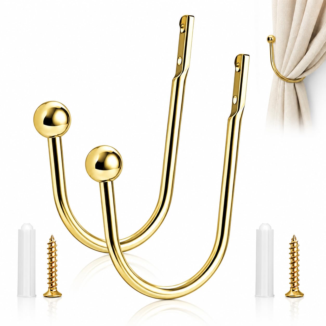 Curtain Holdbacks 2PCS, Metal U-Shaped Curtain Hold Backs for Drapes and Sheers, Durable Curtain Holdback Gold and Brass Finish Options, Wall Mounted Gold Curtain Tie Backs for Bedroom Living