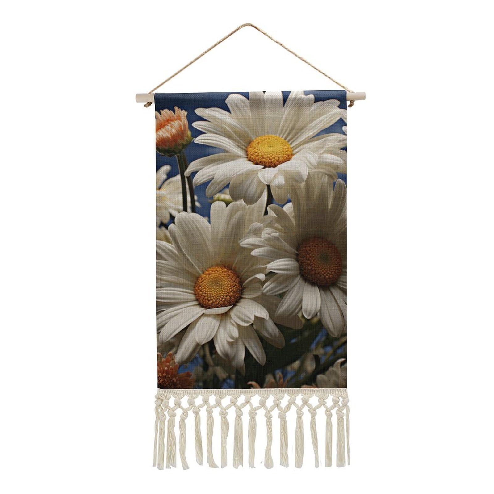 BTCOWZRV Cotton And Linen Hanging Poster with Tassels, Floral Daisy Wall Hanging Tapestry Vintage Wall Art Painting Modern Artwork Decoration for Home Decor Ready to Hang 10x19.6 in