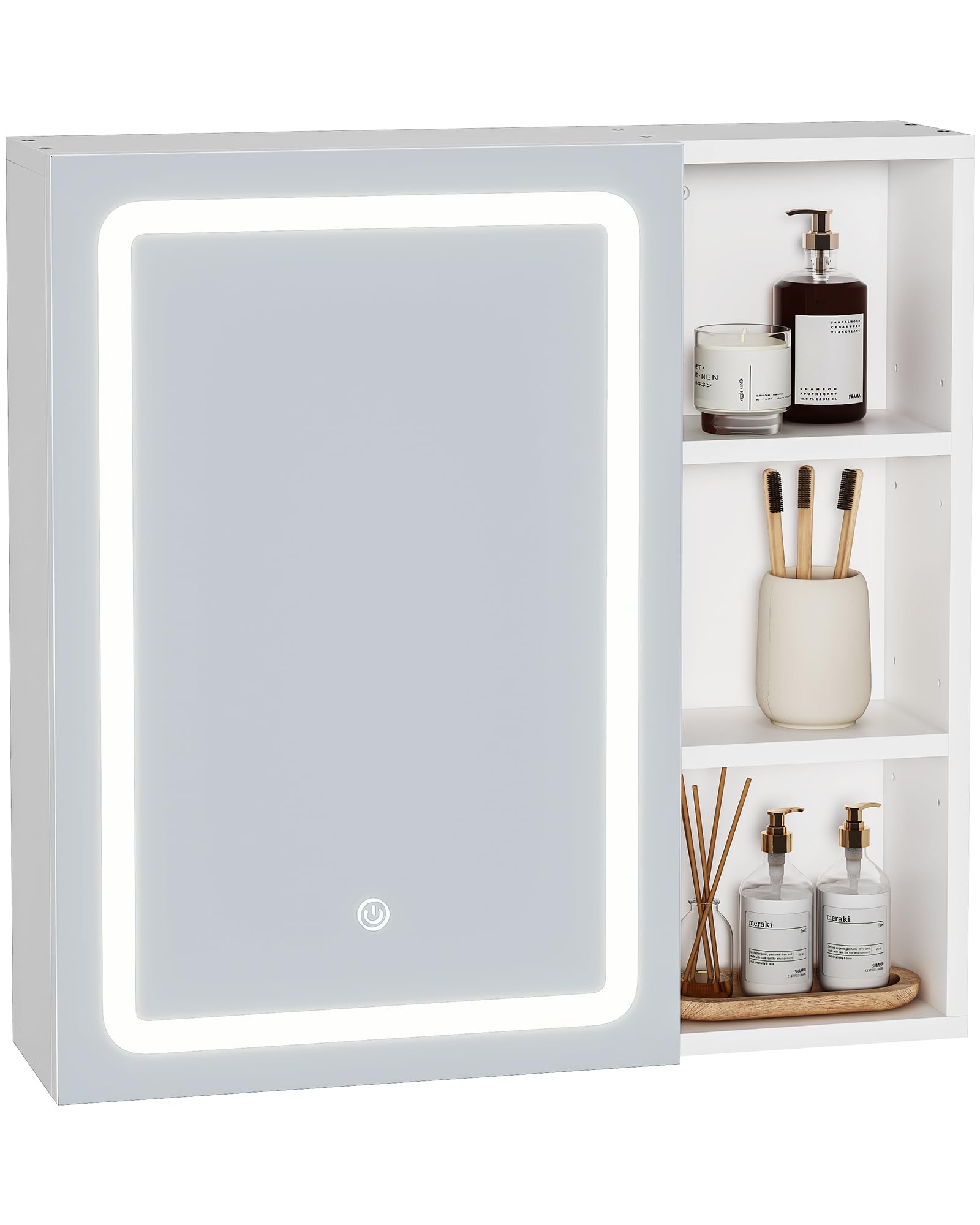 Mueble con espejo, mueble con espejo para baño con iluminación y enchufes, 2 estantes abiertos, mueble con espejo para baño con estantes ajustables, temperatura de 3 colores regulable, blanco