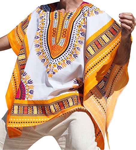 RaanPahMuang Brand Throw Over Poncho Top (Fully Open Sides) African Dashiki Art, White/Yellow