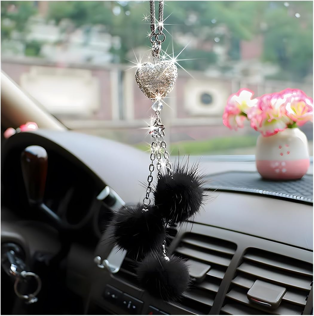 povtii Bling Car Hanging Ornament, Cute Love Heart and Plush Ball Pendant for Auto Rear View Mirror, Lucky Diamond Rearview Mirror Charm for Women Girls, Car Accessories (Black, Heart)
