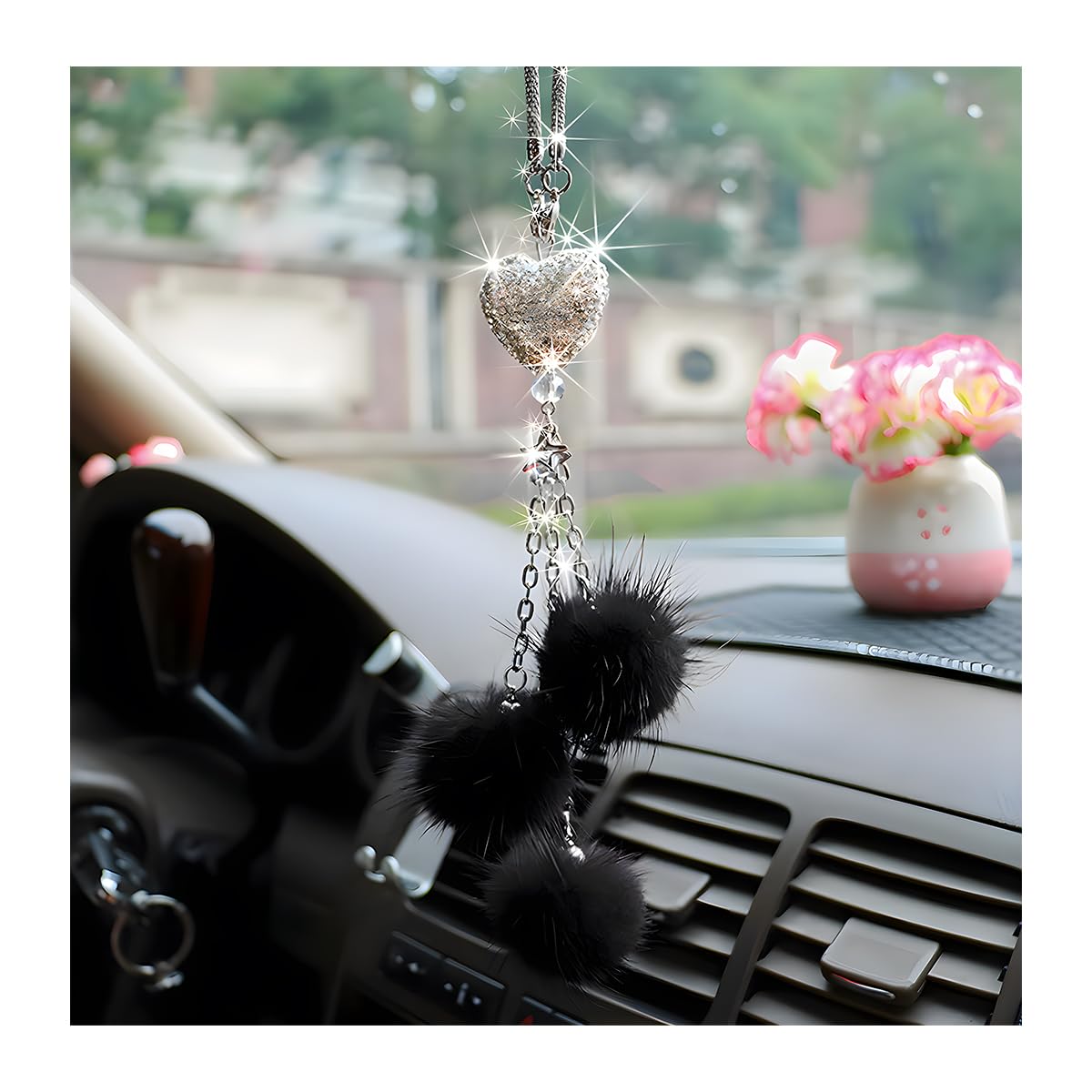 Povtii Bling Car Hanging Ornament - Crystal Heart & Plush Ball Charm For Rear View Mirror
