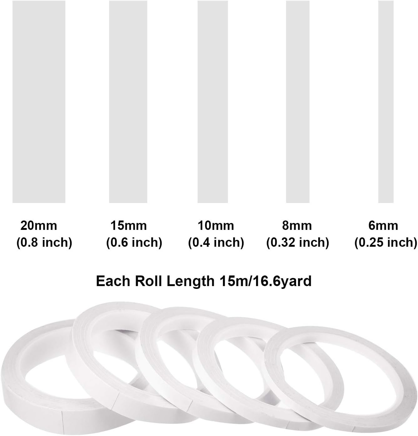 8 Rolls Double-sided Tape Adhesive Sticky Tapes Removable for Scrapbooking, Photo, Invitation Cards, Paper, DIY Crafts and Office School Stationery Supplies (16.4 Yards Long, 6, 8, 10, 15, 20 mm Wide)