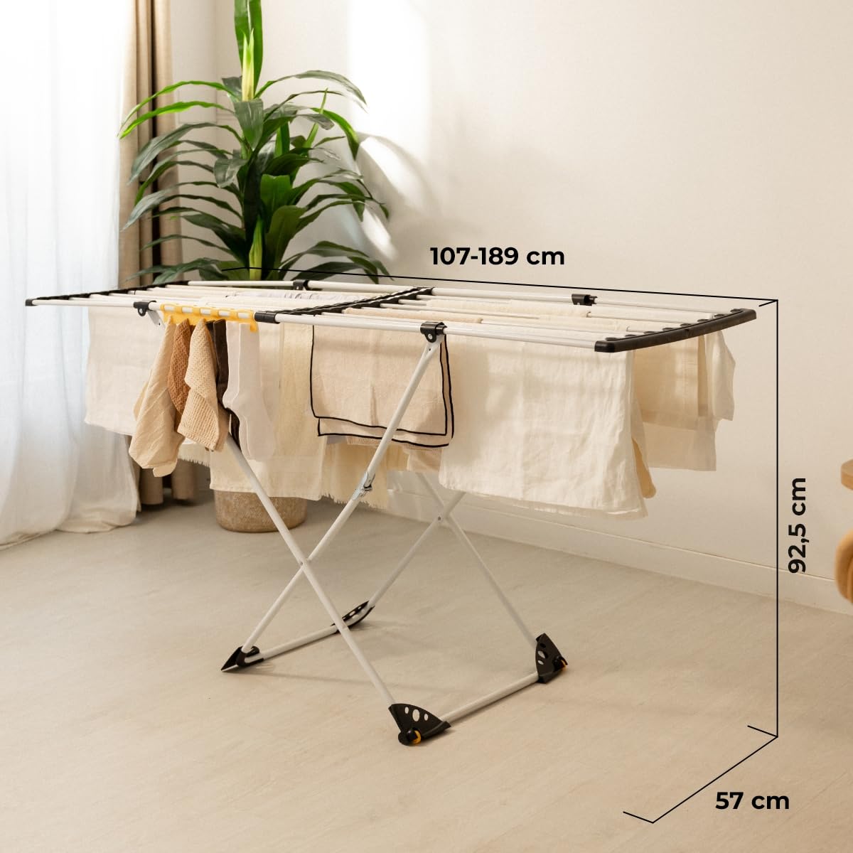 Newlux-Tendedero Extensible Expansion V25 Telescópico 21m Capacidad (189x57x92,5cm), Estructura Super Estable, Barras XXL Extra Gruesas. Tendedero Plegable con Ruedas y Soporte para Calcetines, Blanco