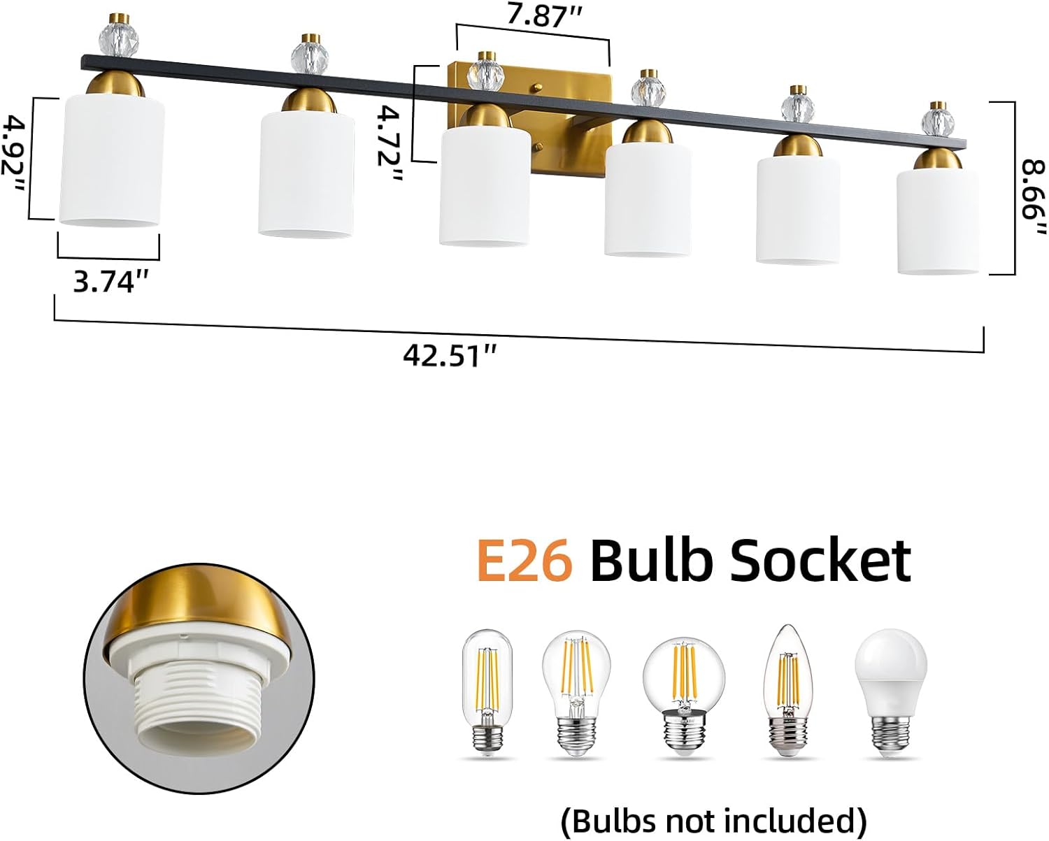 White Glass Bathroom Vanity Light Fixtures 6 Light Mid Century Black Gold Vanity Light Over Mirror Modern Vanity Lights for Bathroom Mirror Hallway E26 Socket (Bulbs Not Included)