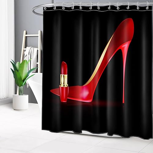 Miniatura 2 de LB Cortina de ducha de tacón alto rojo de 72 x 72 pulgadas, cortina de baño negra moderna de tela de poliéster impermeable, ganchos para cortina de